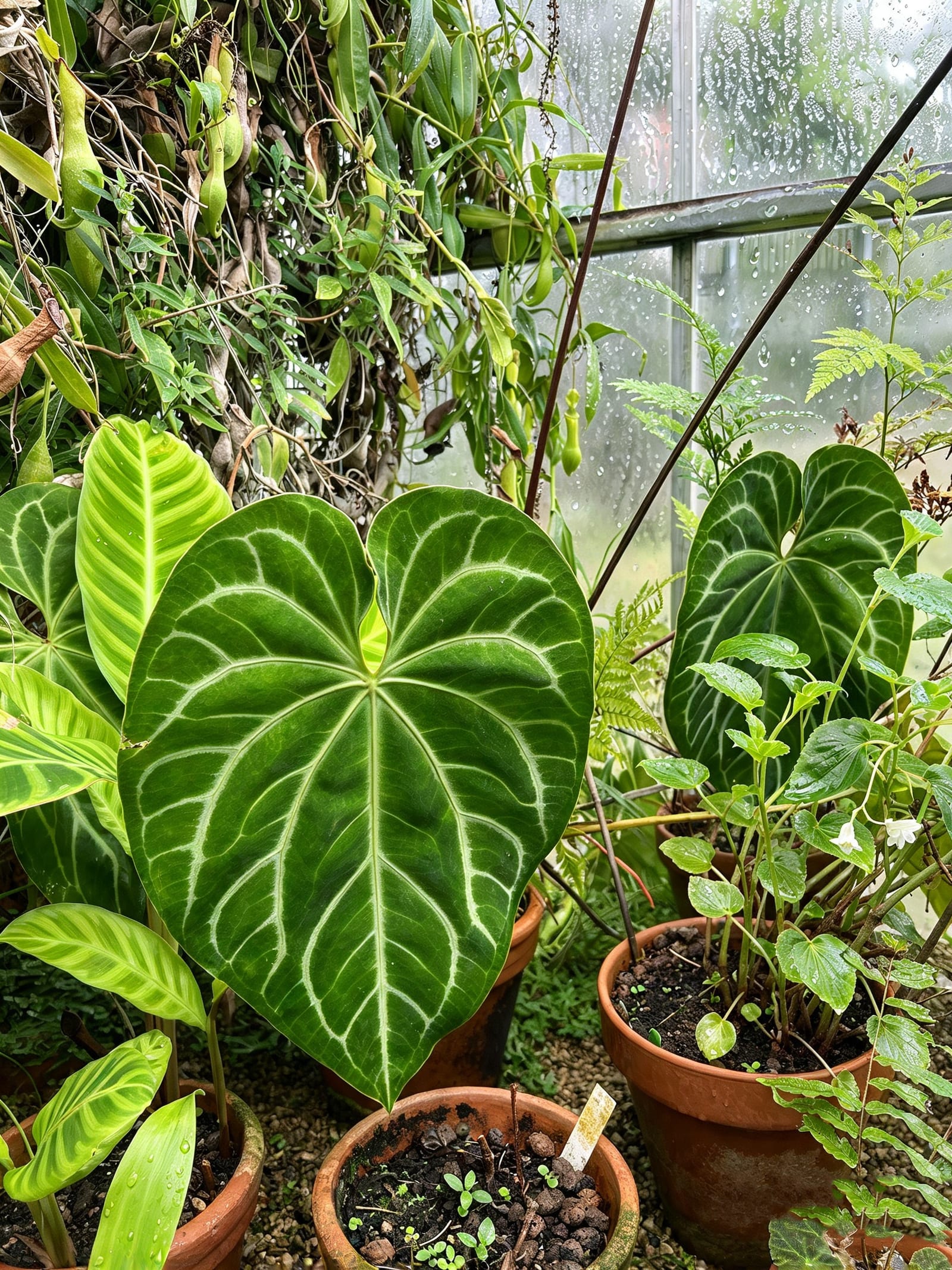 Velvety anthurium leaves with striking pale veins